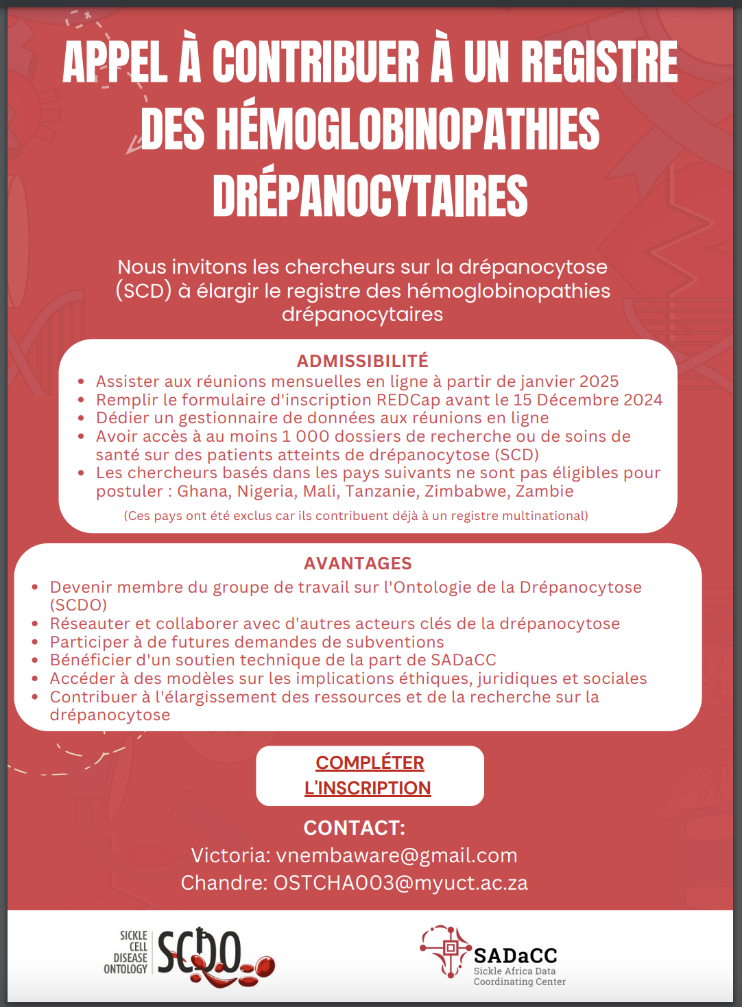 APPEL À CONTRIBUER À UN REGISTRE<br>DES HÉMOGLOBINOPATHIES<br>DRÉPANOCYTAIRES